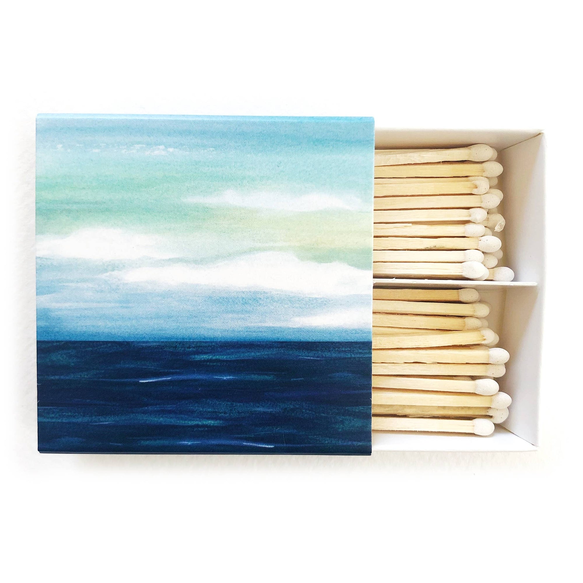 Hand-painted ocean watercolor candle matchbox with 70 safety matches