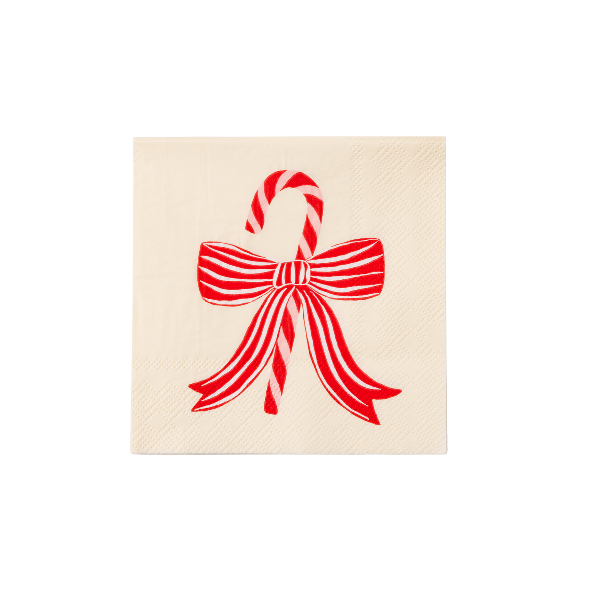 Peppermint candy cane bow cocktail napkins, 20-count, 3-ply eco-friendly paper for festive Christmas parties and holiday entertaining.