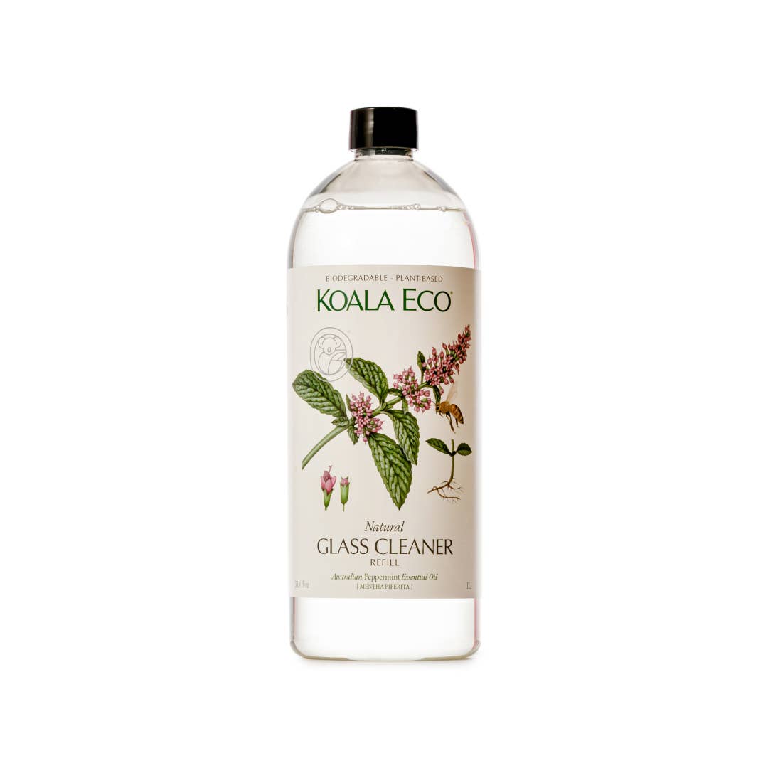 Peppermint Glass Cleaner Refill in recycled bottle, streak-free, biodegradable, and plant-based for safe home cleaning