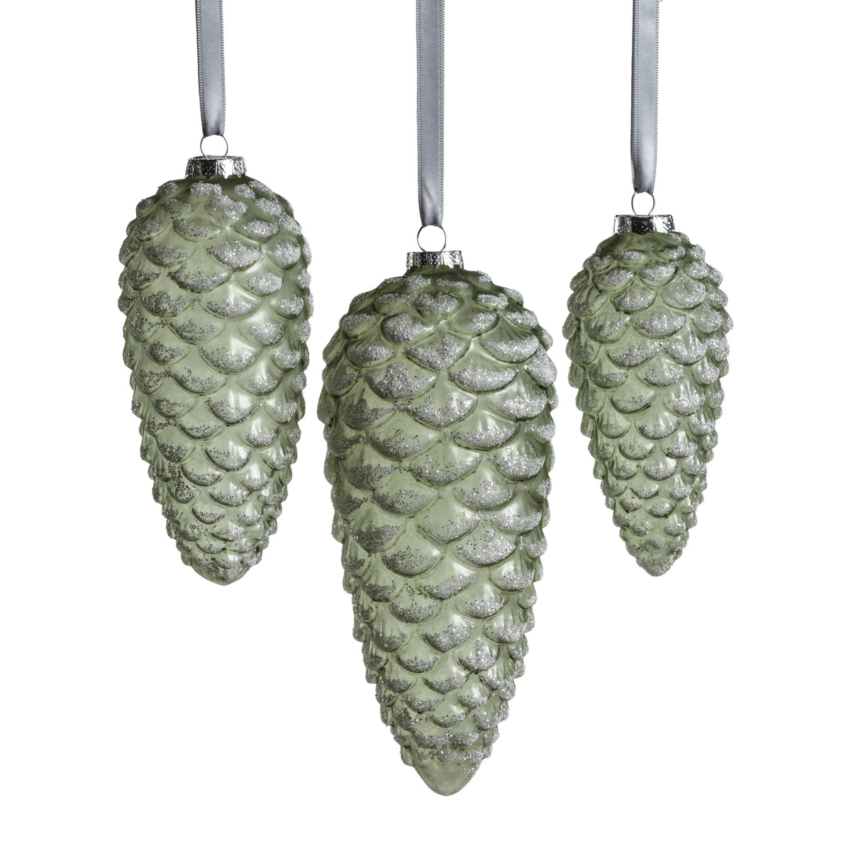 Green glass pine cone ornament with glitter, 5.5-inch Christmas tree decoration
