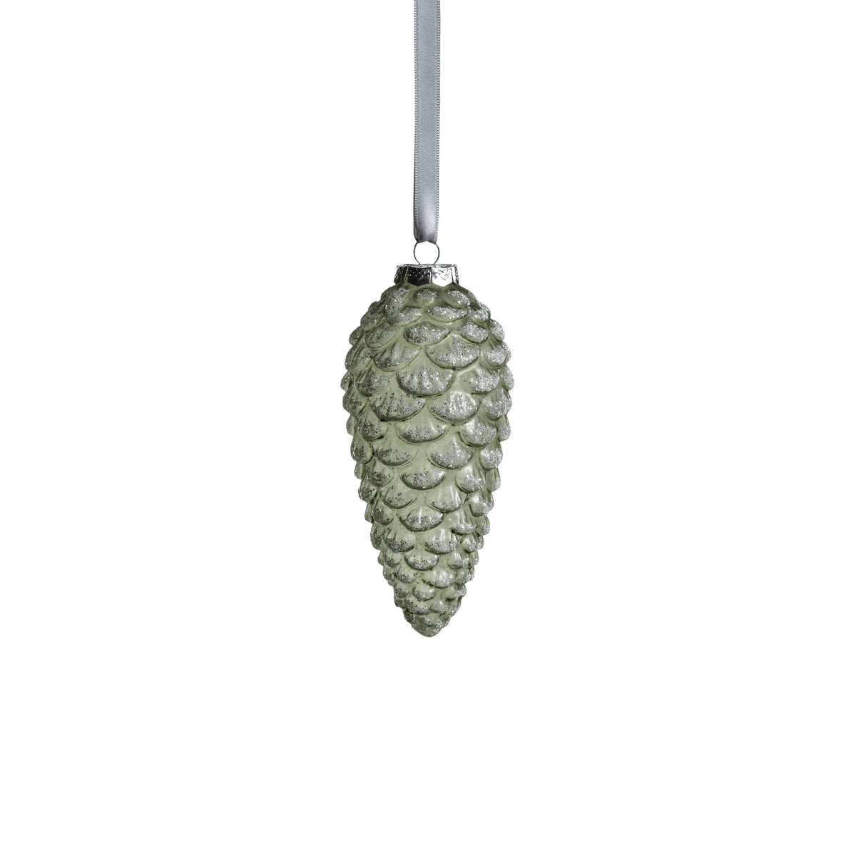 Green glass pine cone ornament with glitter, 5.5-inch Christmas tree decoration