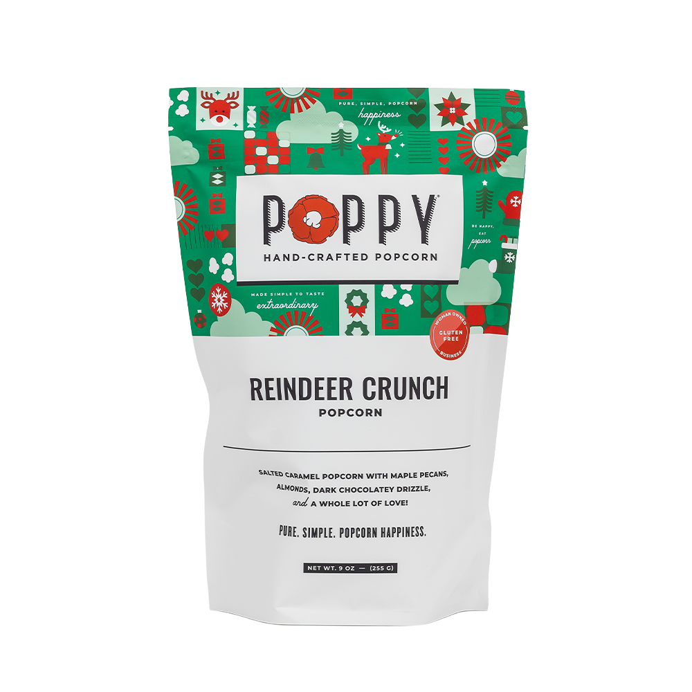 Reindeer Crunch Popcorn, 5 cups in a re-sealable bag. Lightly flavored popcorn with chocolate &amp; caramel drizzle and festive holiday sprinkles.