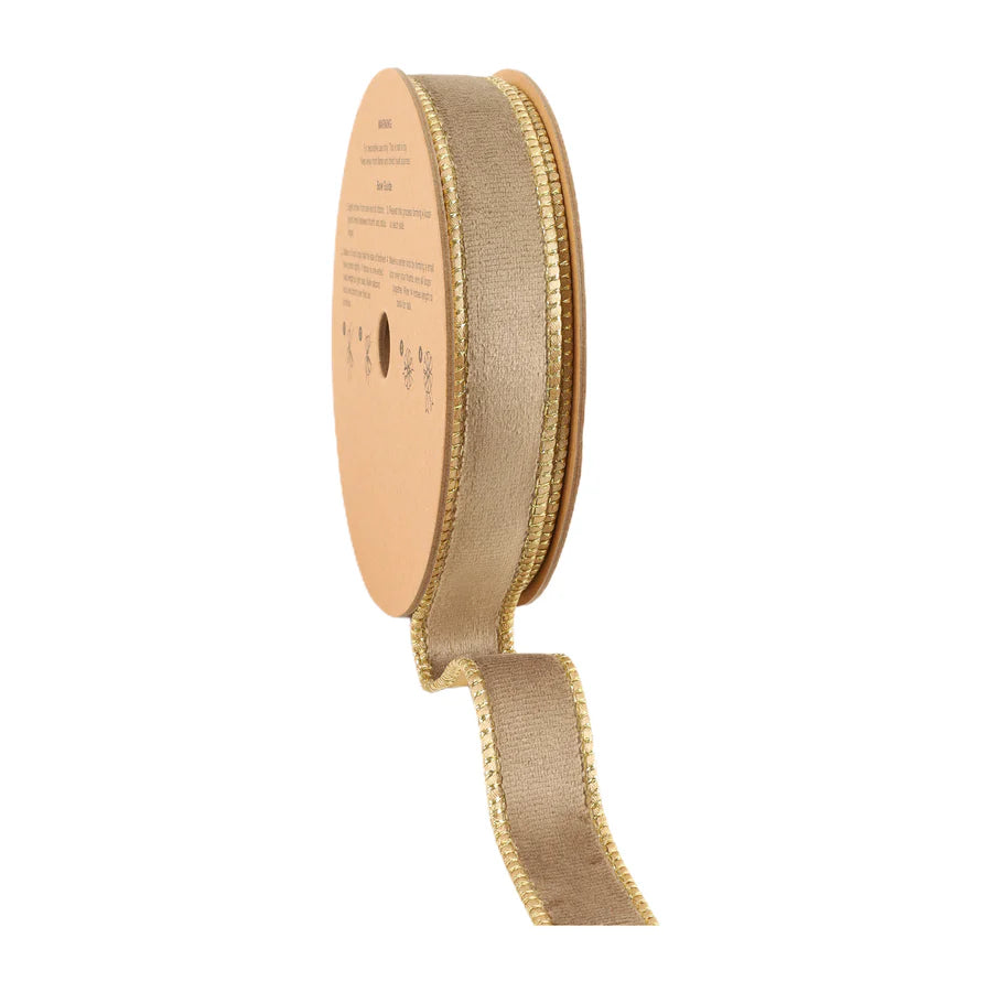 Luxurious reversible velvet ribbon in latte and gold, 1" x 10 yards. Perfect for elegant gift wrapping, wreaths, and holiday décor projects.