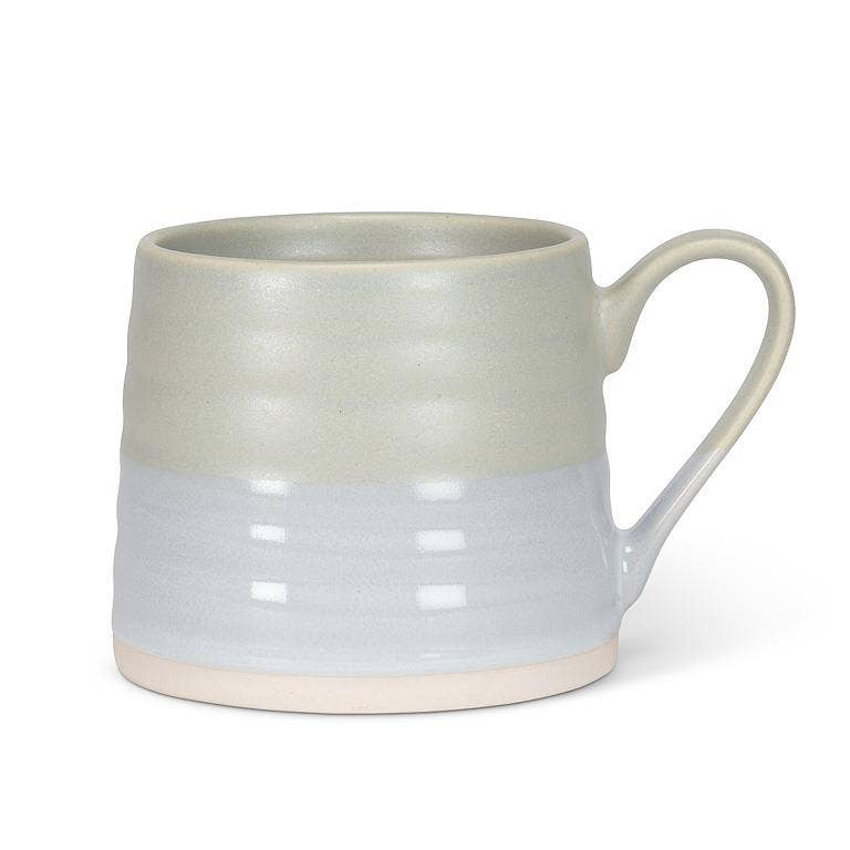 Sage green ridged stoneware mug holding 14 oz of coffee or tea