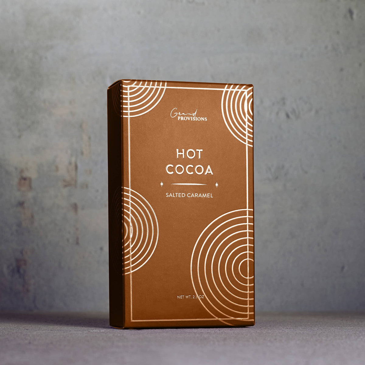 Salted Caramel Hot Chocolate mix in festive holiday packaging, 2.5 oz gift size.
