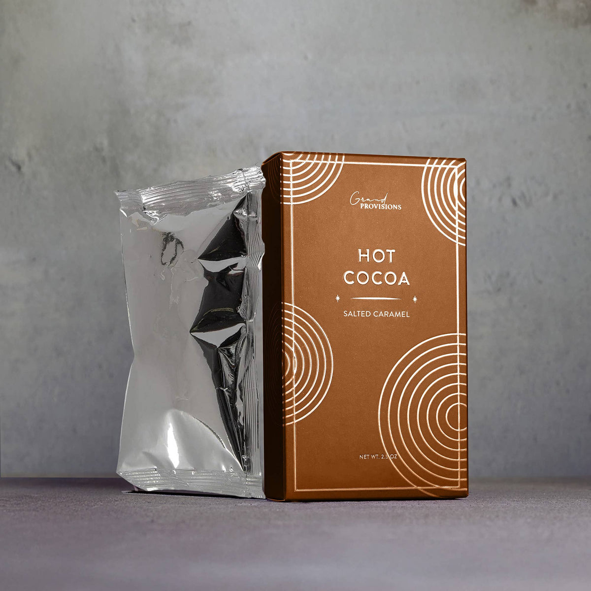Rich salted caramel hot chocolate in seasonal wrapping, ideal for stockings and baskets.