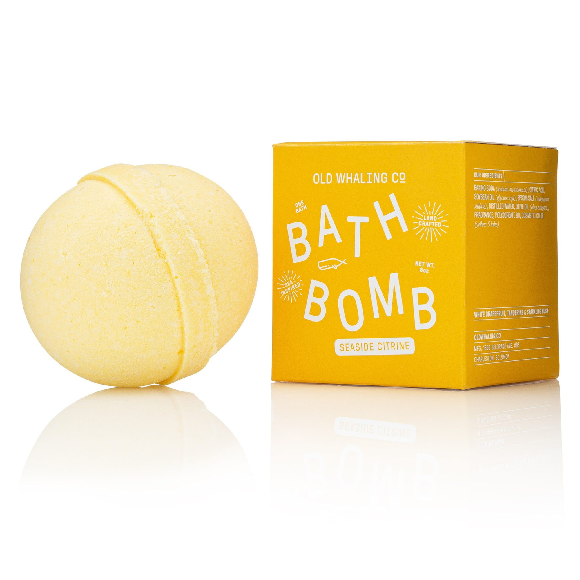 Seaside Citrine® 8oz bath bomb with invigorating citrus and ocean fragrance, handmade in Charleston with premium moisturizing ingredients.