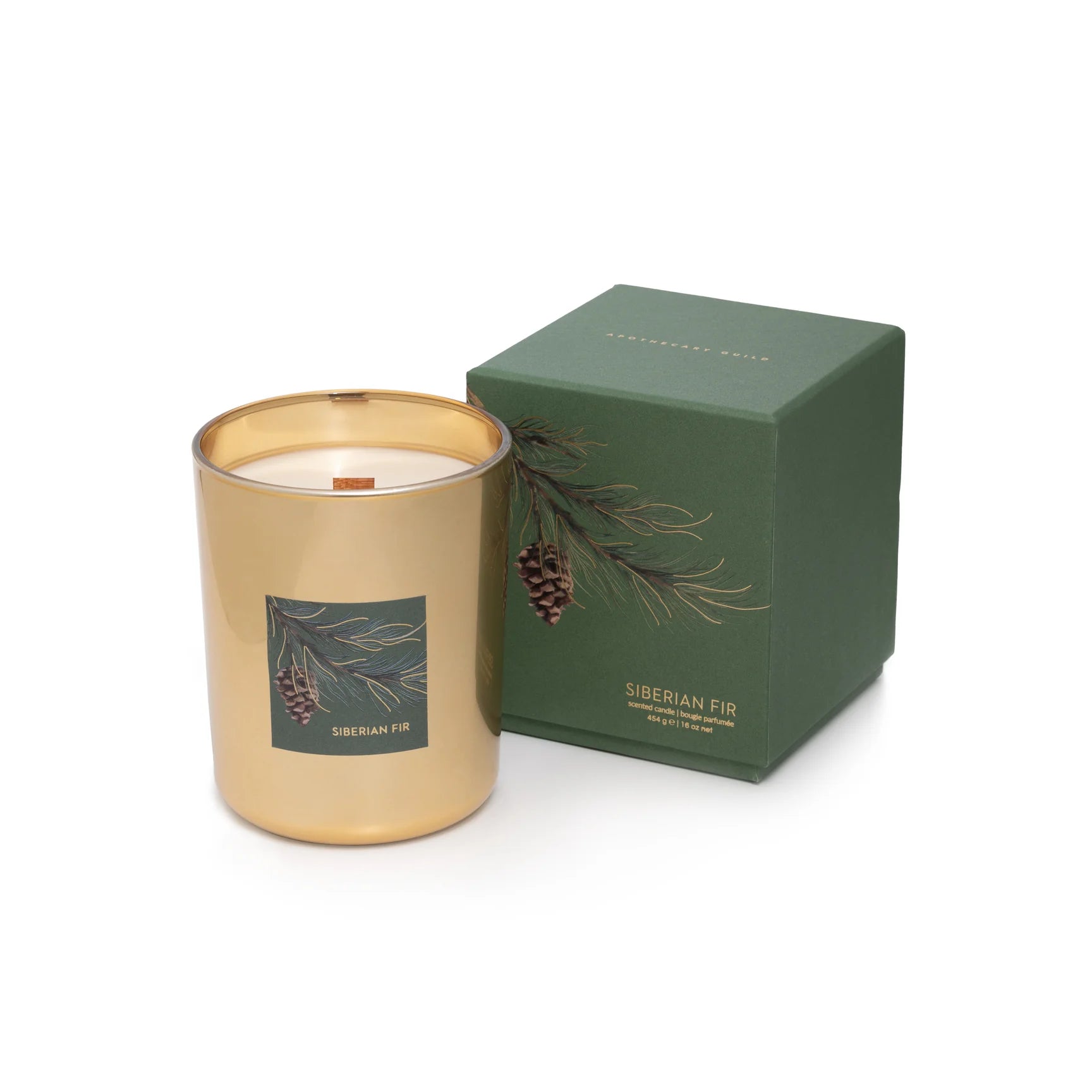 Siberian Fir Gold Wood Wick Candle 16 oz in gift box, long-lasting 75-hour burn