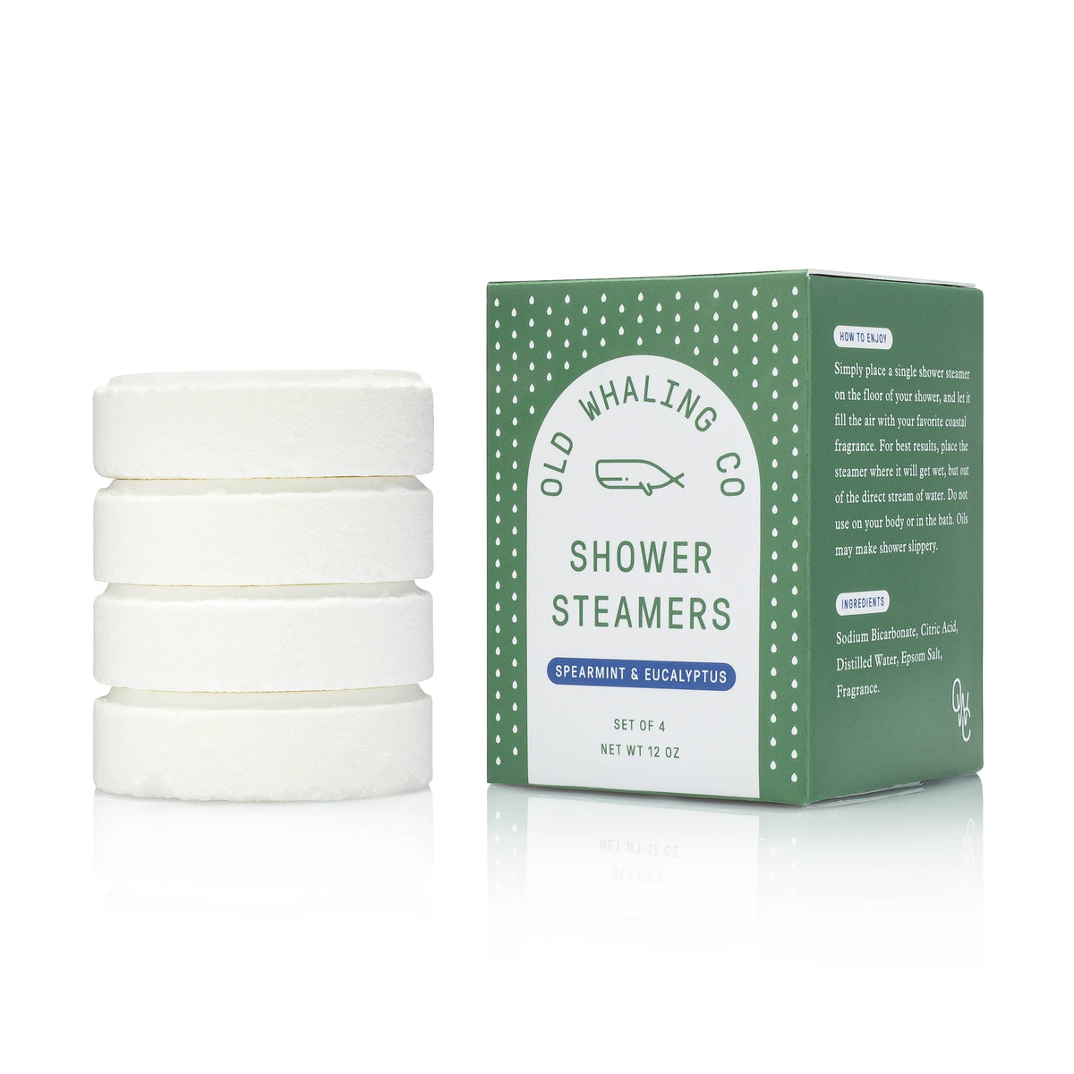 Spearmint &amp; Eucalyptus shower steamers, 4-pack, 3oz each. Invigorating blend of spearmint, eucalyptus, wild mint, and orange for spa-like showers.