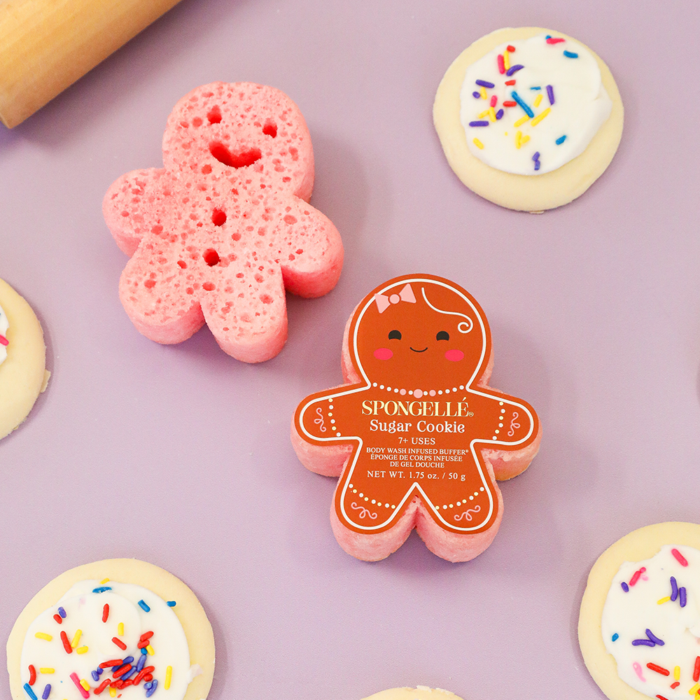 Spongellé gingerbread-shaped ornament body wash infused buffer with festive packaging