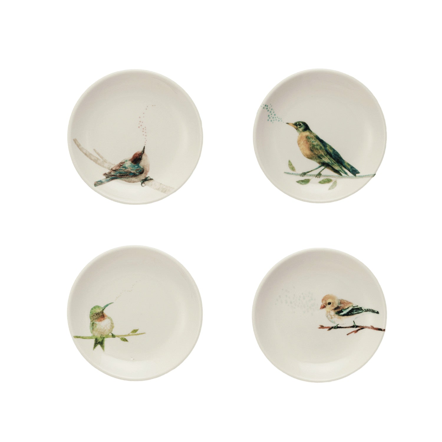 Stoneware dish with bird on branch design in four styles