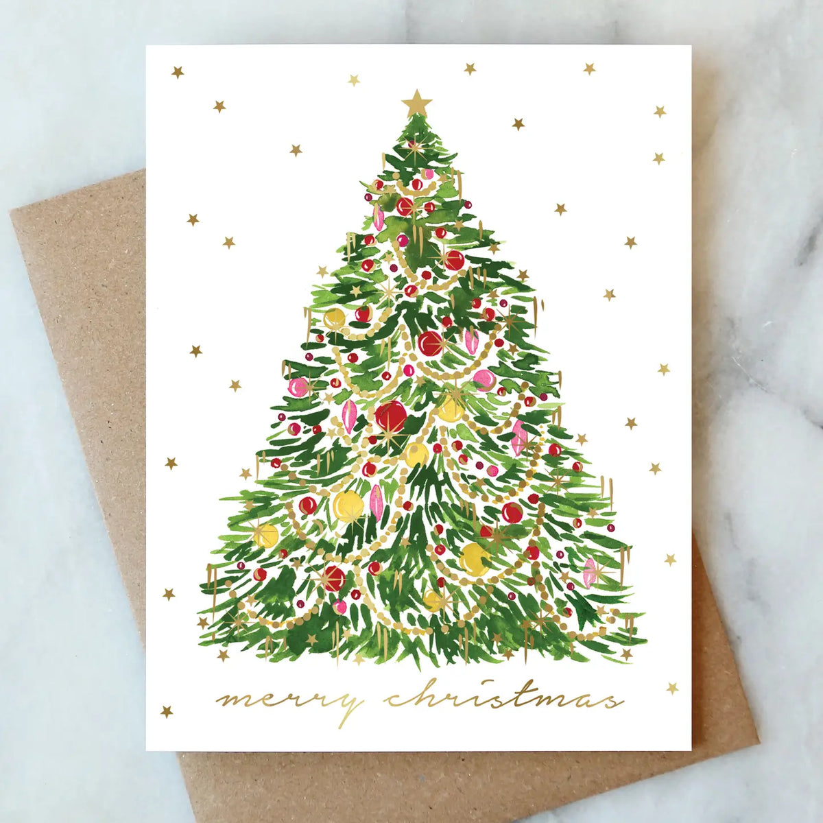 Send festive cheer with the Tinsel Christmas Tree Holiday Card. Hand-painted design, A2 size, optional gold foil accents, blank interior, recycled kraft envelope.