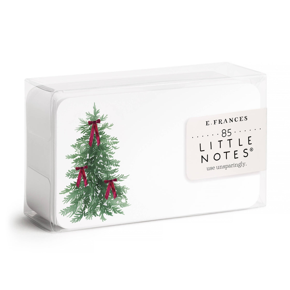 Velvet Bow Tree Little Notes boxed set of 85 mini holiday cards featuring evergreen trees and velvet bows