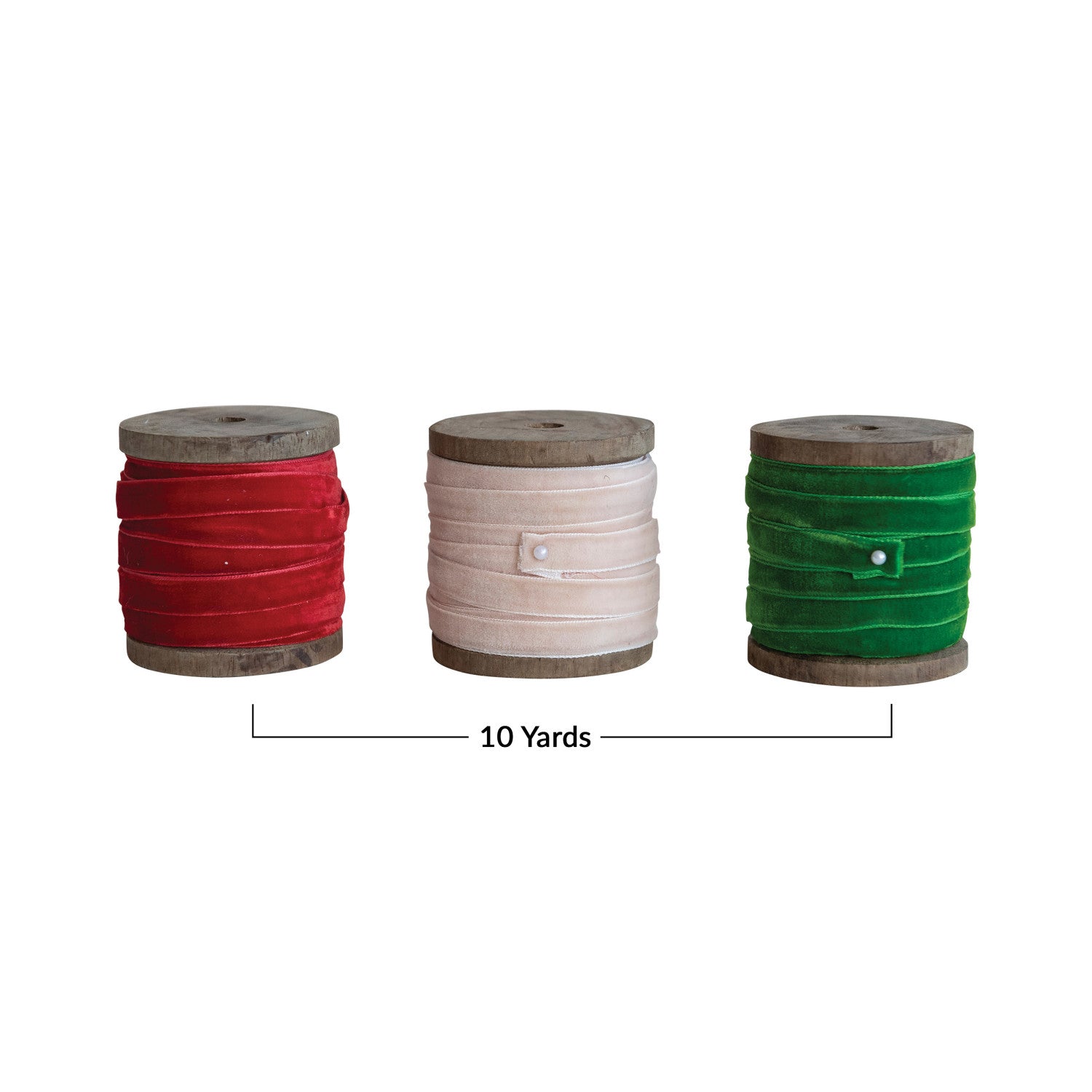 “10-yard velvet ribbon on wood spool in three colors”