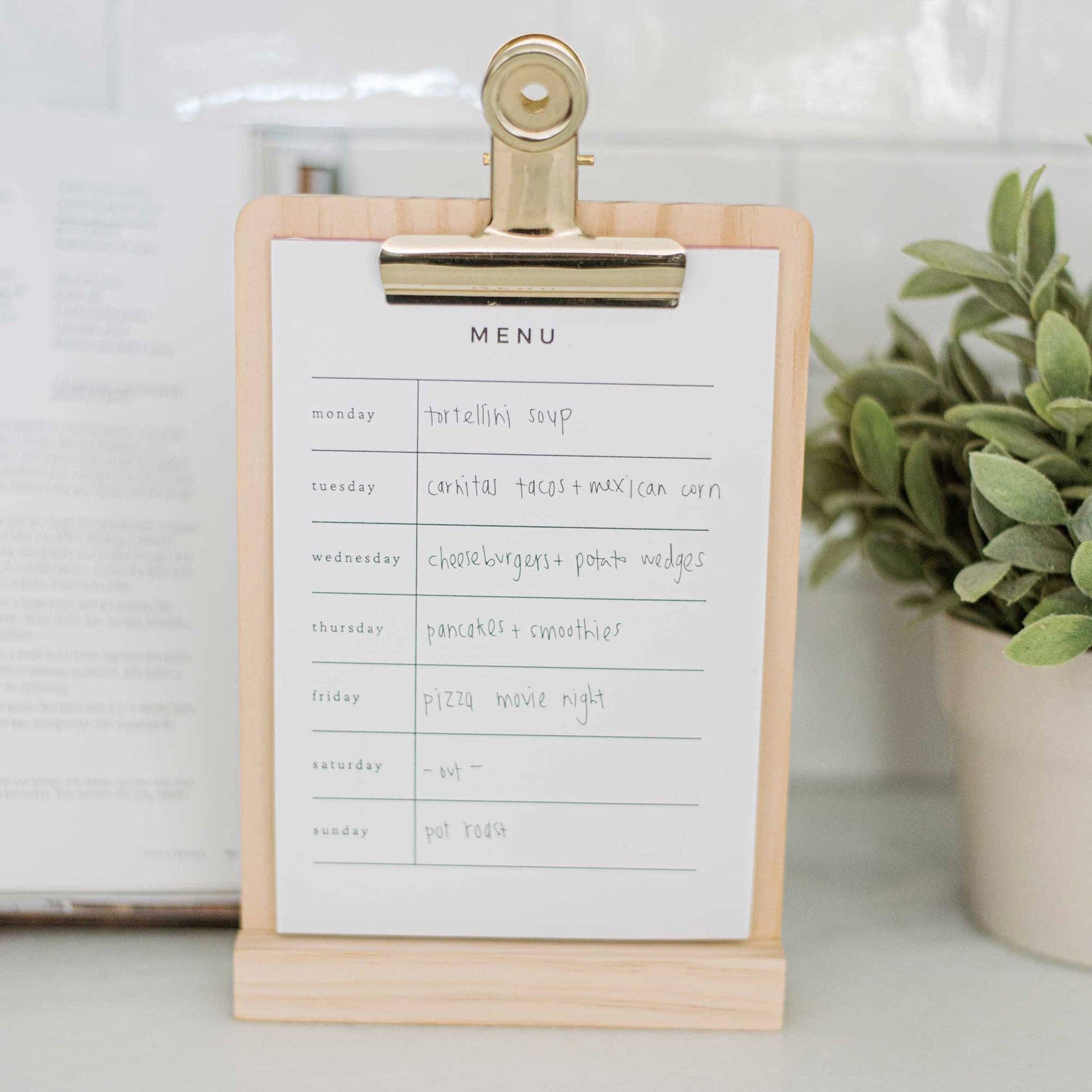 Weekly Meal Planner Menu Stand with solid pine wood base and brass clip notepad
