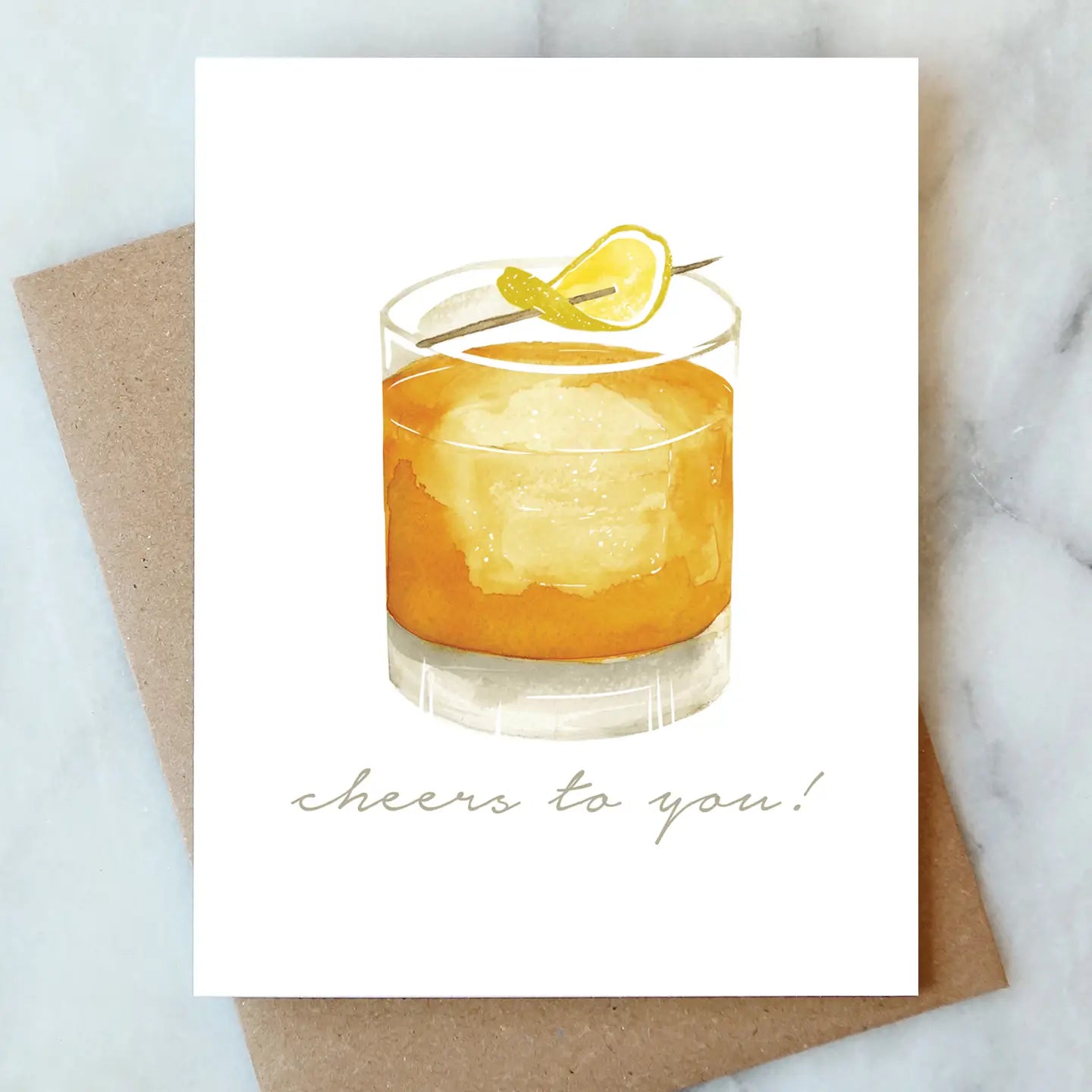 Watercolor whiskey glass greeting card with kraft envelope — perfect for birthdays, congratulations, and celebrations