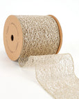 Elegant white gold mesh wired ribbon roll, 4 inches wide, perfect for holiday décor and gift wrapping