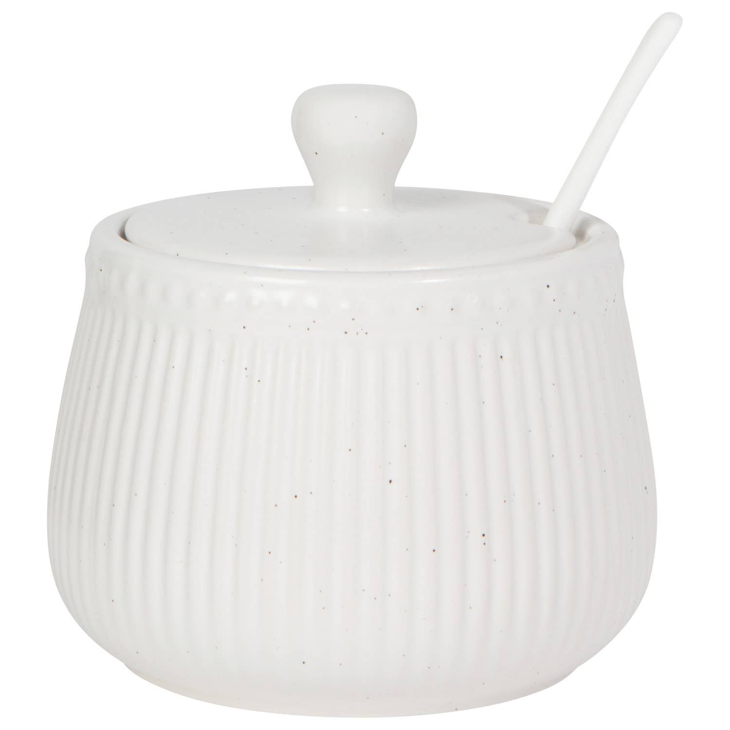 White speckled stoneware sugar pot with fluted texture and lid