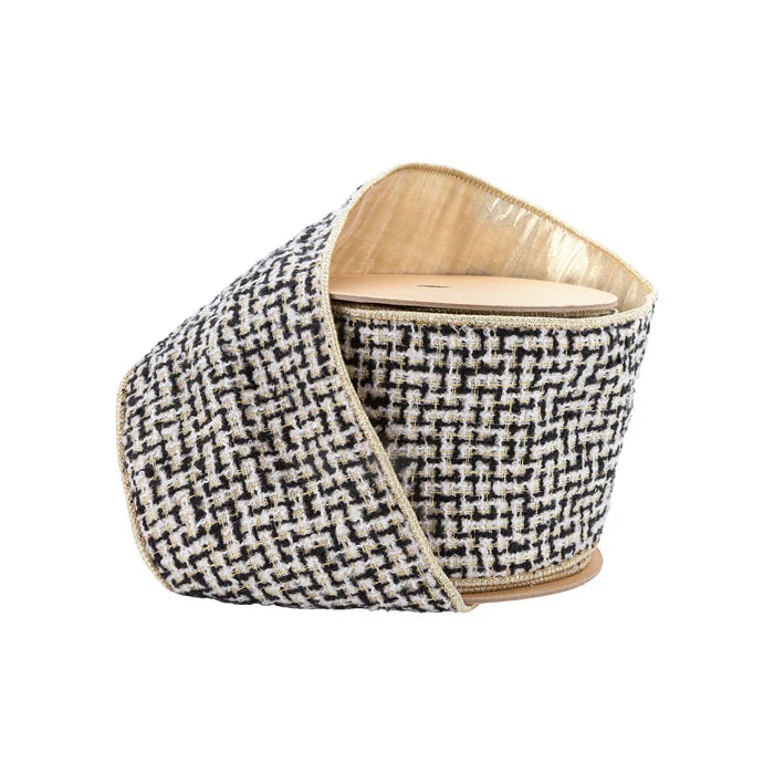 2 1/2" Wired Ribbon Black/Ivory/Gold Jacquard Tweed with Gold Dupioni-Fused Backing | 10 Yards