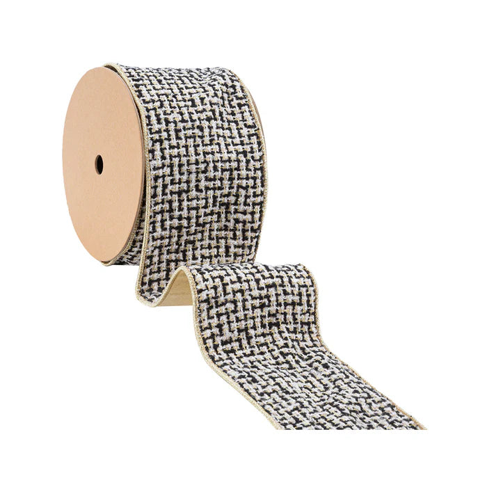 2.5" Wired Ribbon Black/Ivory/Gold Jacquard Tweed with Gold Dupioni-Fused Backing | 10 Yards