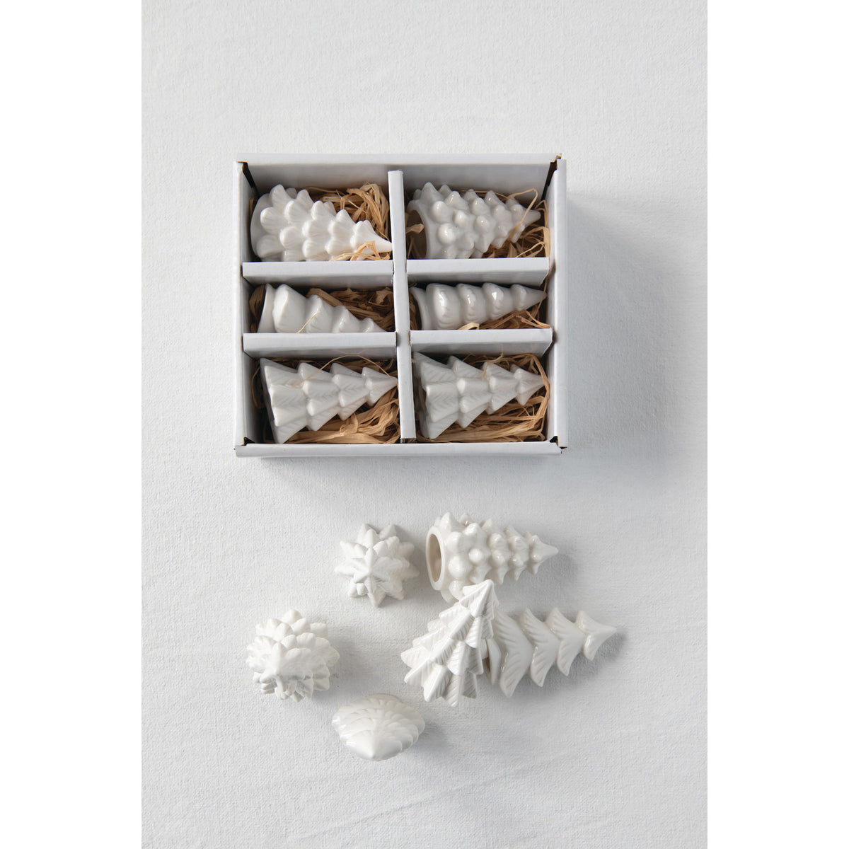 White Stoneware Christmas Trees – Boxed Set of 6
