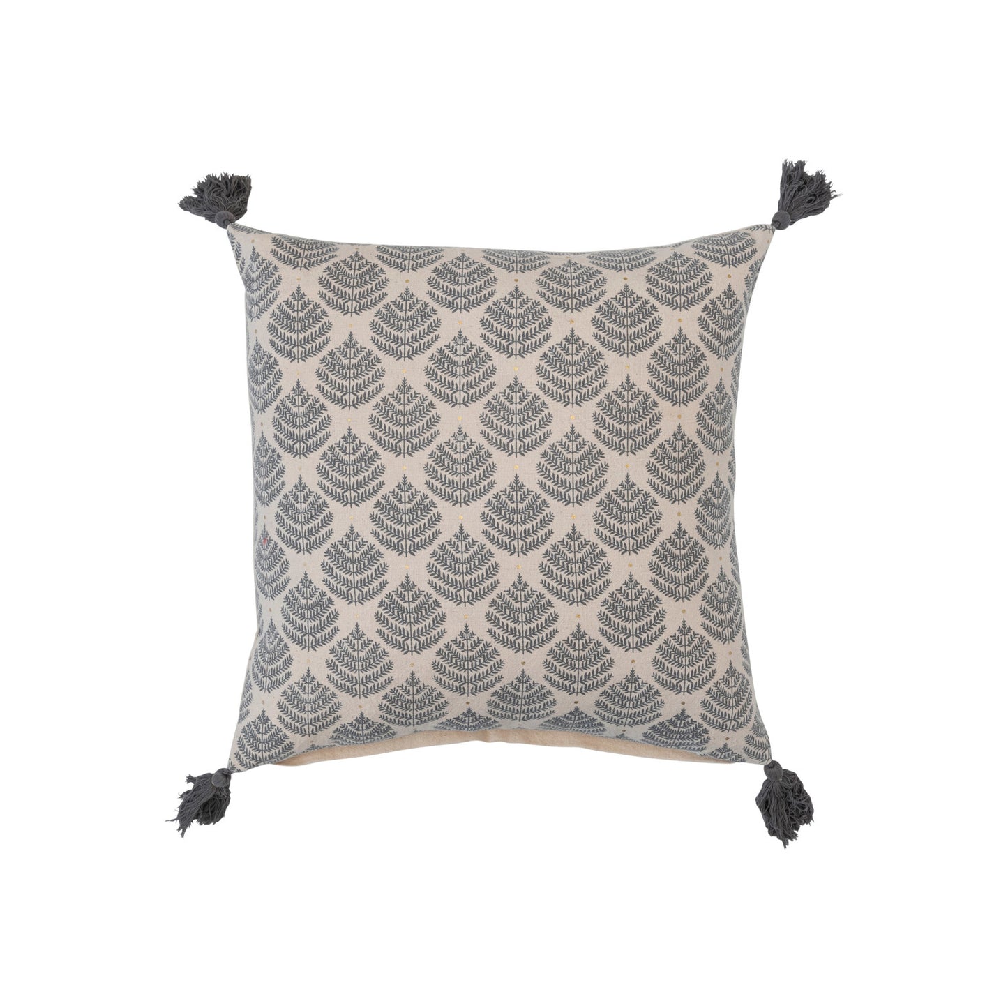 18" Square Cotton Printed Pillow w/ Leaf Pattern & Tassels, Natural, Grey & Gold