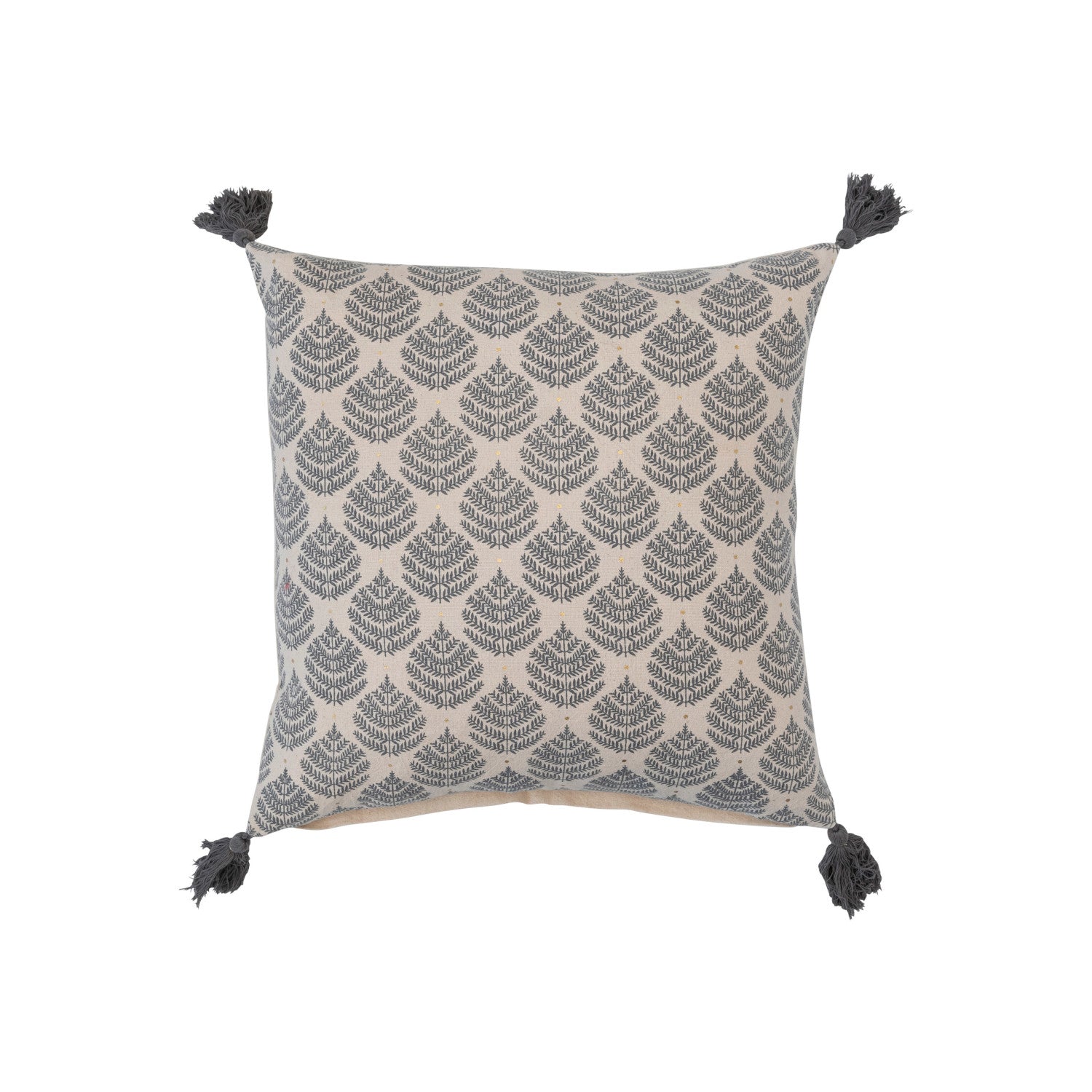 18" Square Cotton Printed Pillow w/ Leaf Pattern & Tassels, Natural, Grey & Gold