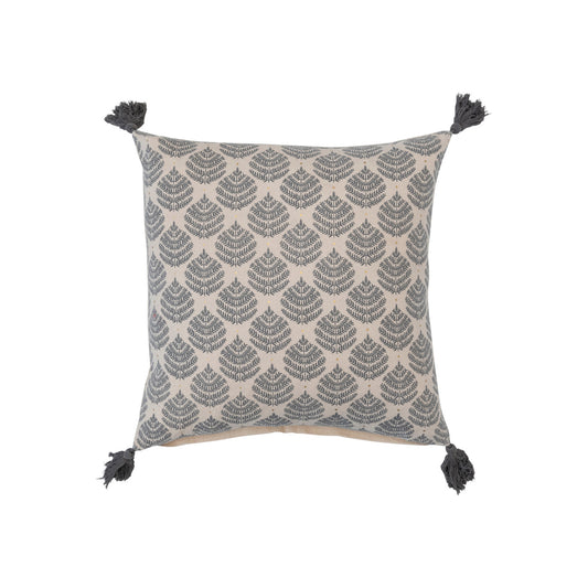 18" Square Cotton Printed Pillow w/ Leaf Pattern & Tassels, Natural, Grey & Gold