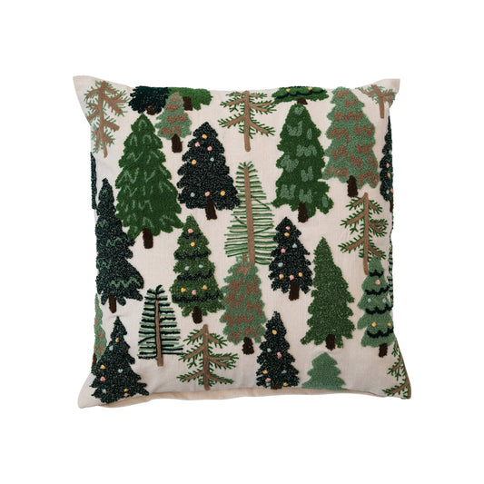 20" Square Cotton Slub Embroidered Pillow w/ Trees & French Knots, Multi Color