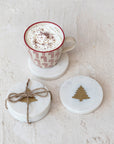 Marble Coasters w/ Brass Tree Inlay, White, Set of 4