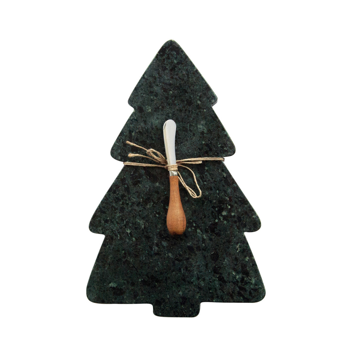 Green Marble Tree-Shaped Cheese Board with Canapé Knife – 2-Piece Set
