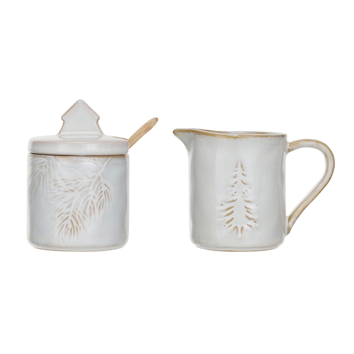 5 oz. Stoneware Creamer & 5 oz. Sugar Pot w/ Spoon, Set of 3 (Each One Will Vary)