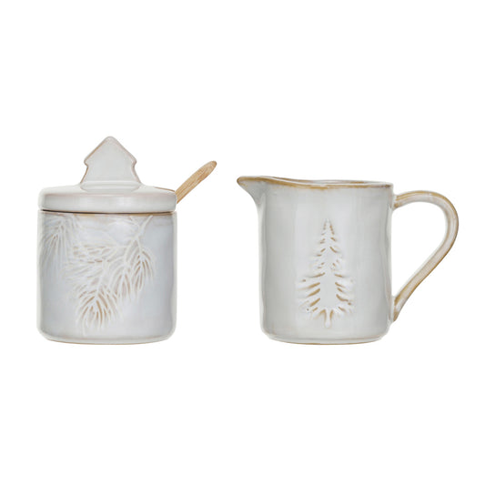 5 oz. Stoneware Creamer & 5 oz. Sugar Pot w/ Spoon, Set of 3 (Each One Will Vary)