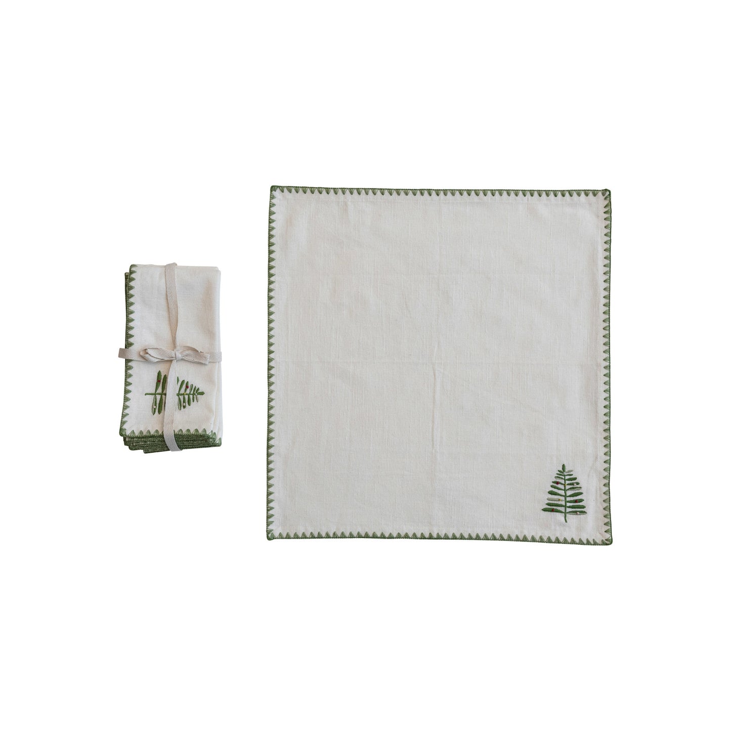 Cotton Napkins w/ Embroidered Tree & Edge, Natural & Green, Set of 4 ©