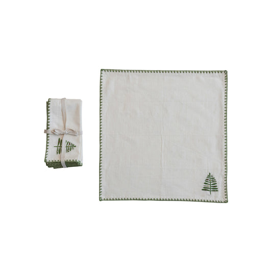 Cotton Napkins w/ Embroidered Tree & Edge, Natural & Green, Set of 4 ©