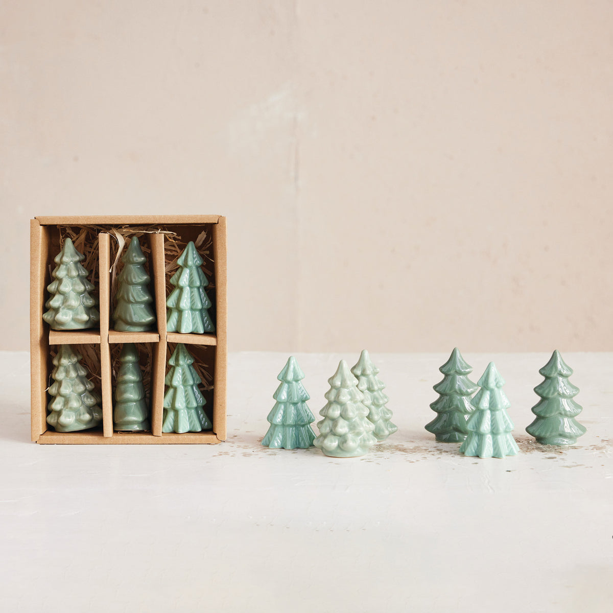 Green Stoneware Christmas Trees – Boxed Set of 6