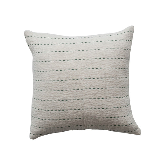 16" Square Cotton Slub Pillow with Hand-Embroidered Kantha, 2 Colors