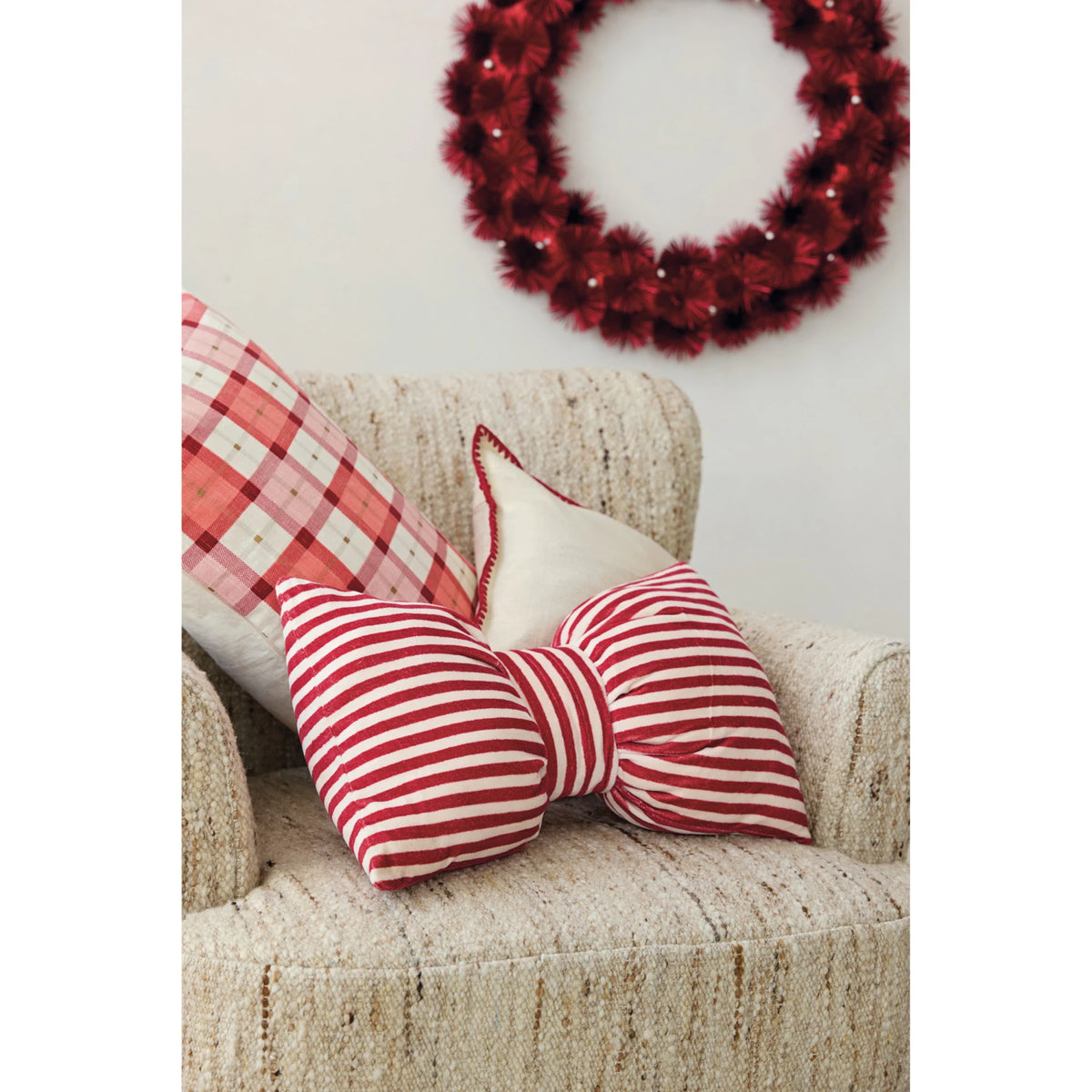 Cotton Velvet Bow Lumbar Pillow – Red &amp; Cream Striped Christmas Throw Pillow