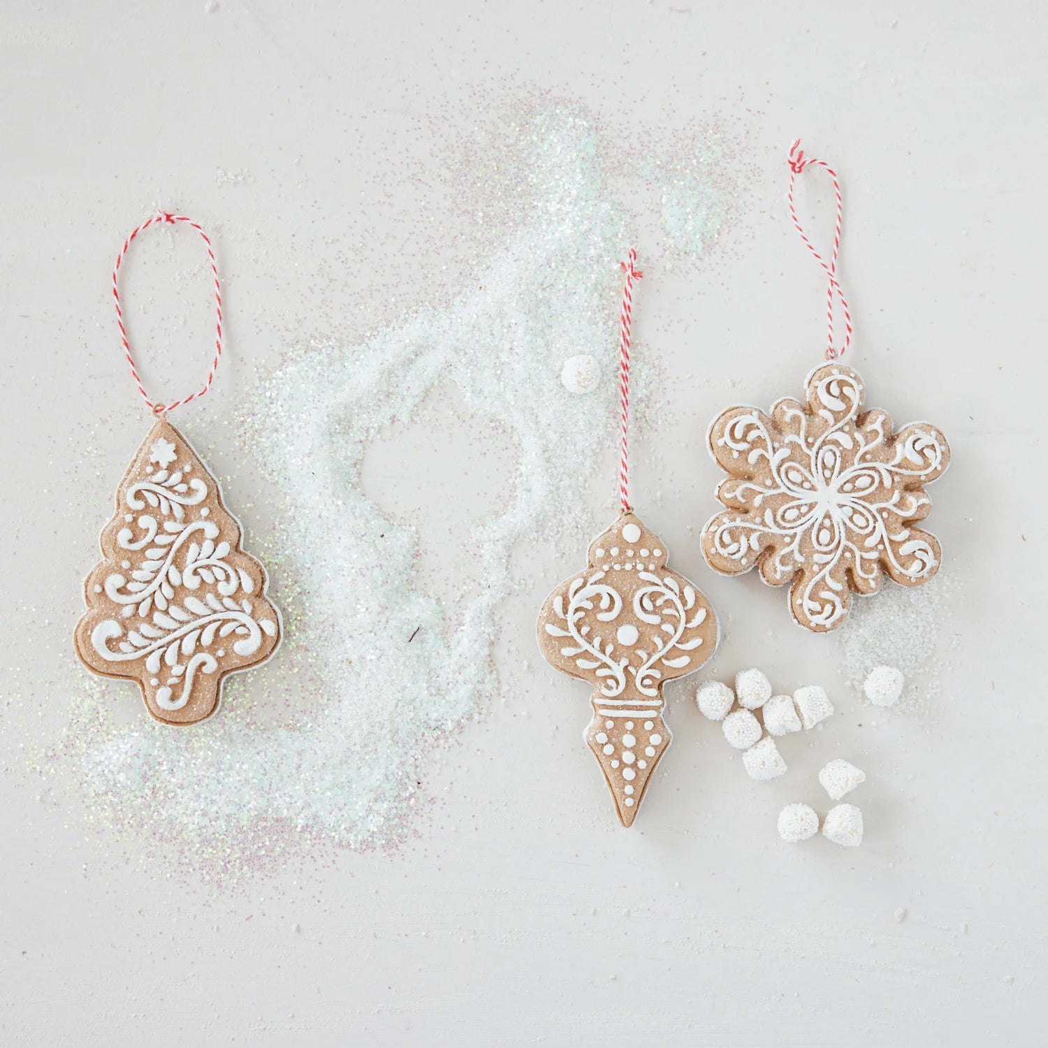 Resin Gingerbread Cookie Shaped Ornament with Glitter, Brown &amp; White, 3 Styles