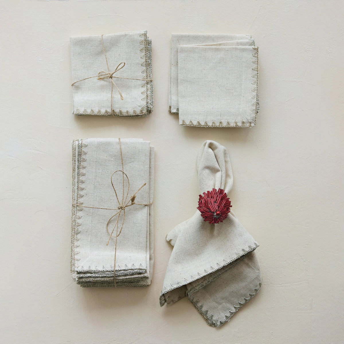 Cotton &amp; Linen Napkins with Metallic Blanket Stitch – Set of 4