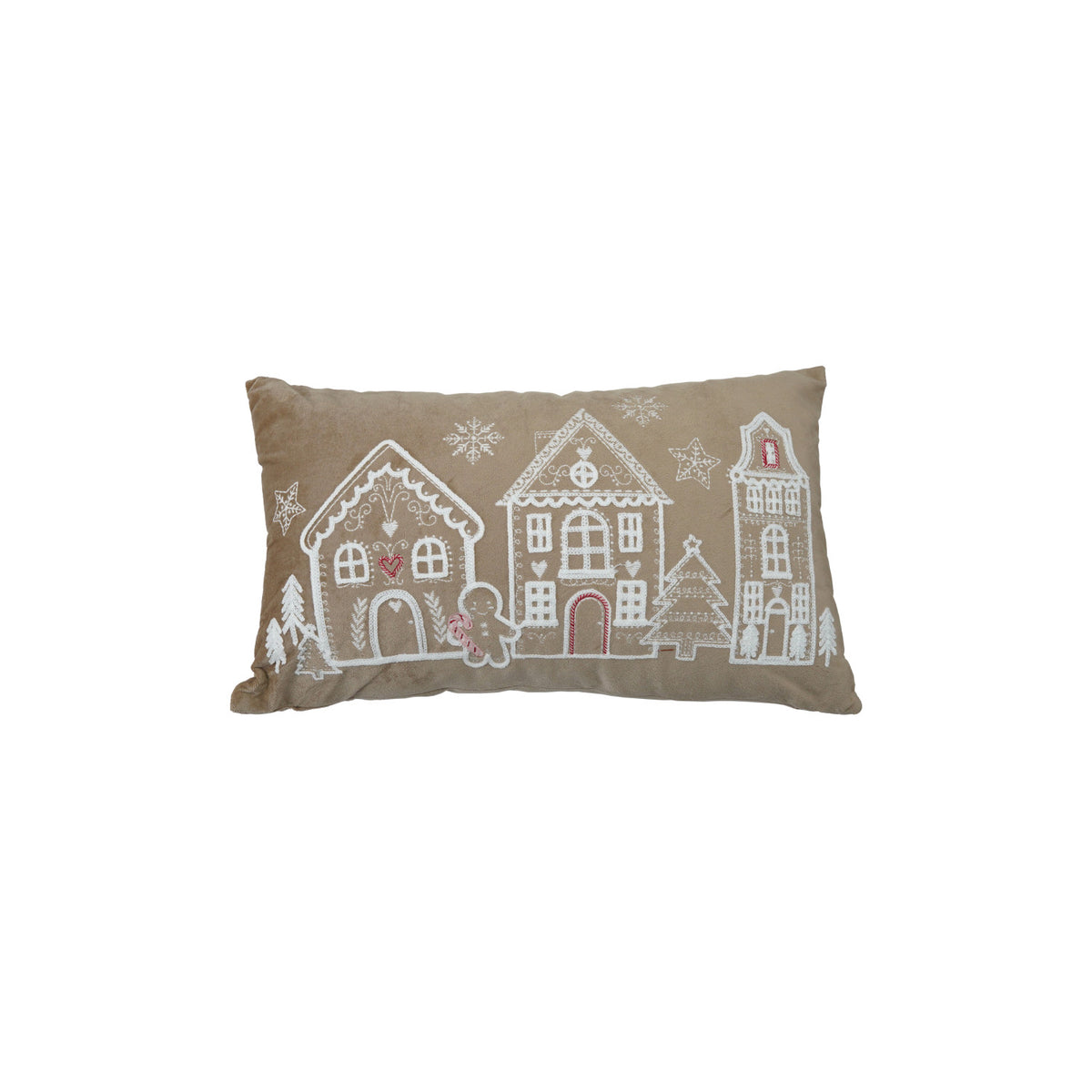 Velvet Lumbar Pillow with Embroidered Gingerbread Scene, Brown &amp; White