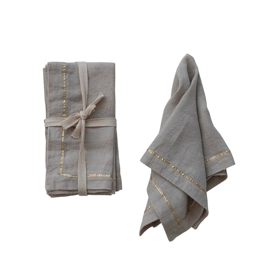 Linen Napkins with Metallic Gold Embroidered Border – Set of 4