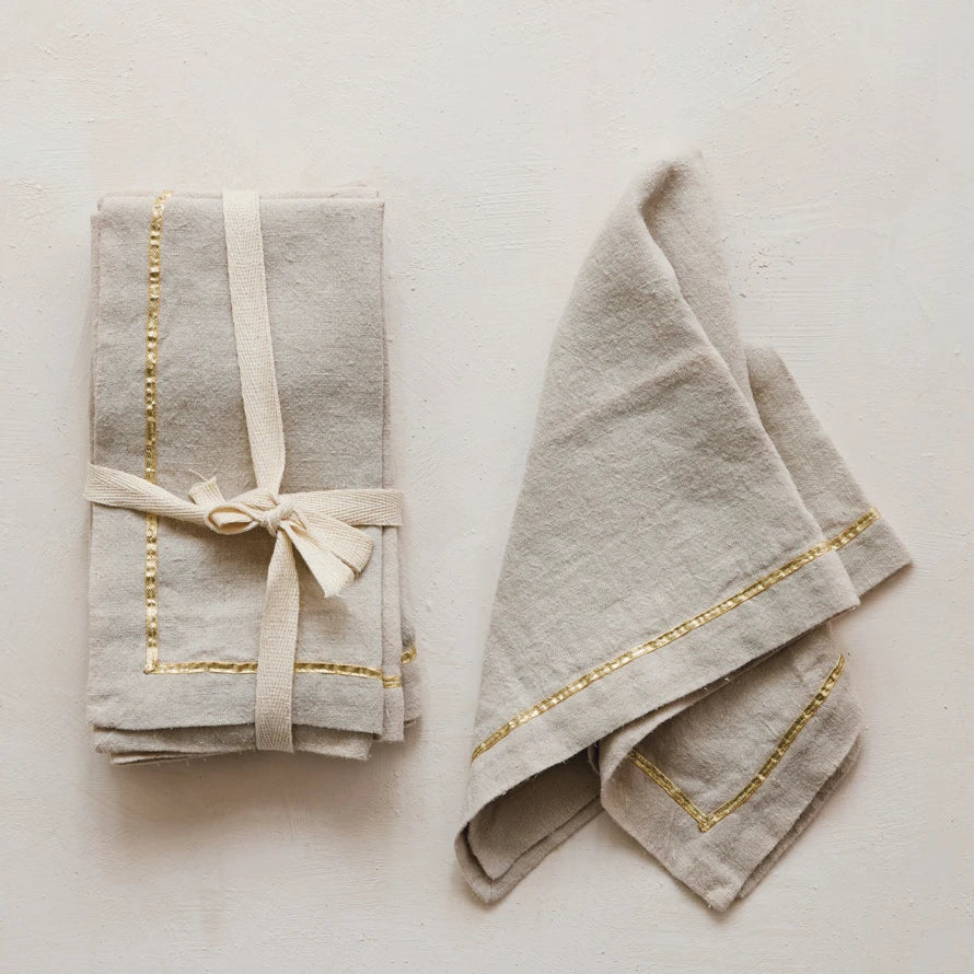 Linen Napkins with Metallic Gold Embroidered Border – Set of 4