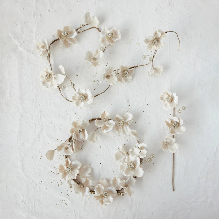 Blush Magnolia Flower Garland with Glitter &amp; Jewels – Faux Floral Décor