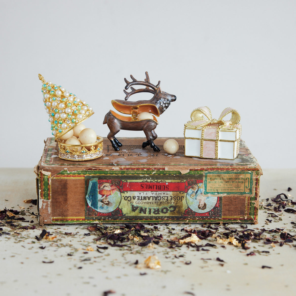 Product Title Jeweled Christmas Tree Trinket Box with Faux Pearls – Enameled Metal