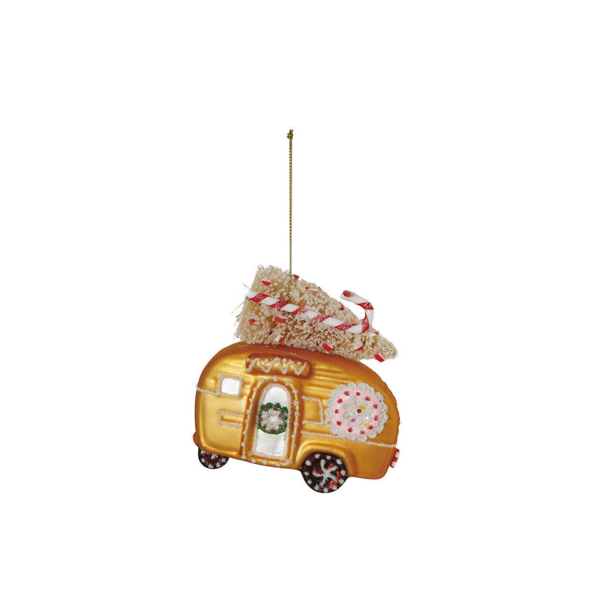 Hand-Painted Glass Camper Gingerbread Cookie Ornament with Bottle Brush Tree &amp; Glitter