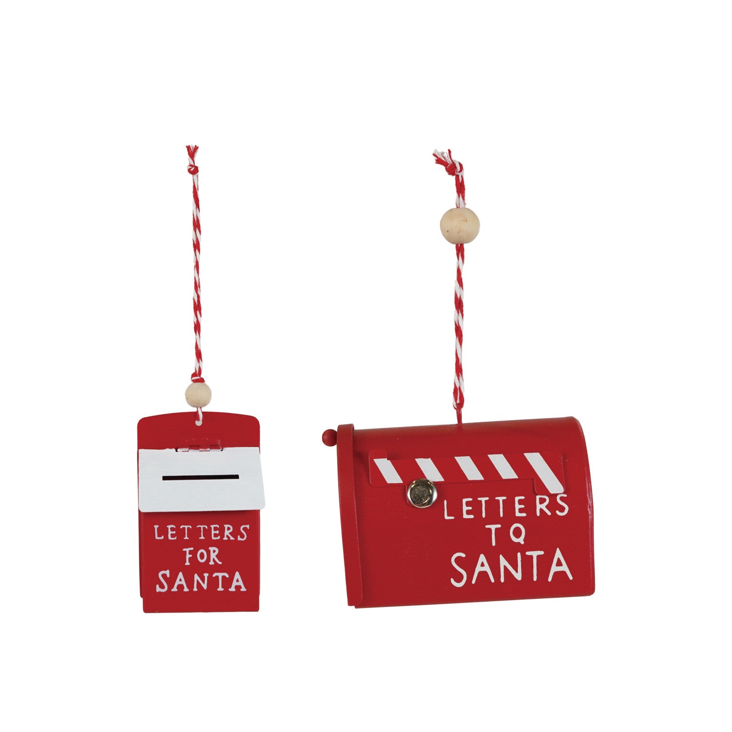 Red Iron Christmas Mailbox Ornament with Wood Beads – 3.25"