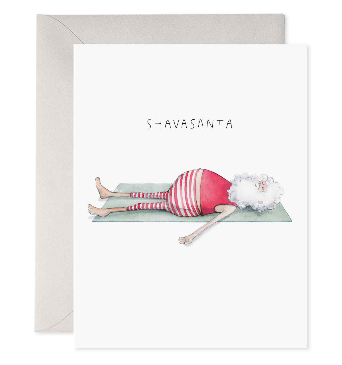 E. Frances Yoga Santa ‘Shavasanta’ Christmas Card with watercolor Santa in yoga pose, blank inside